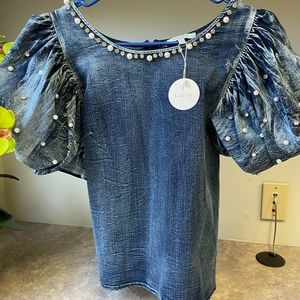 Cute Denim Blouse with pearl and rhinestone size L